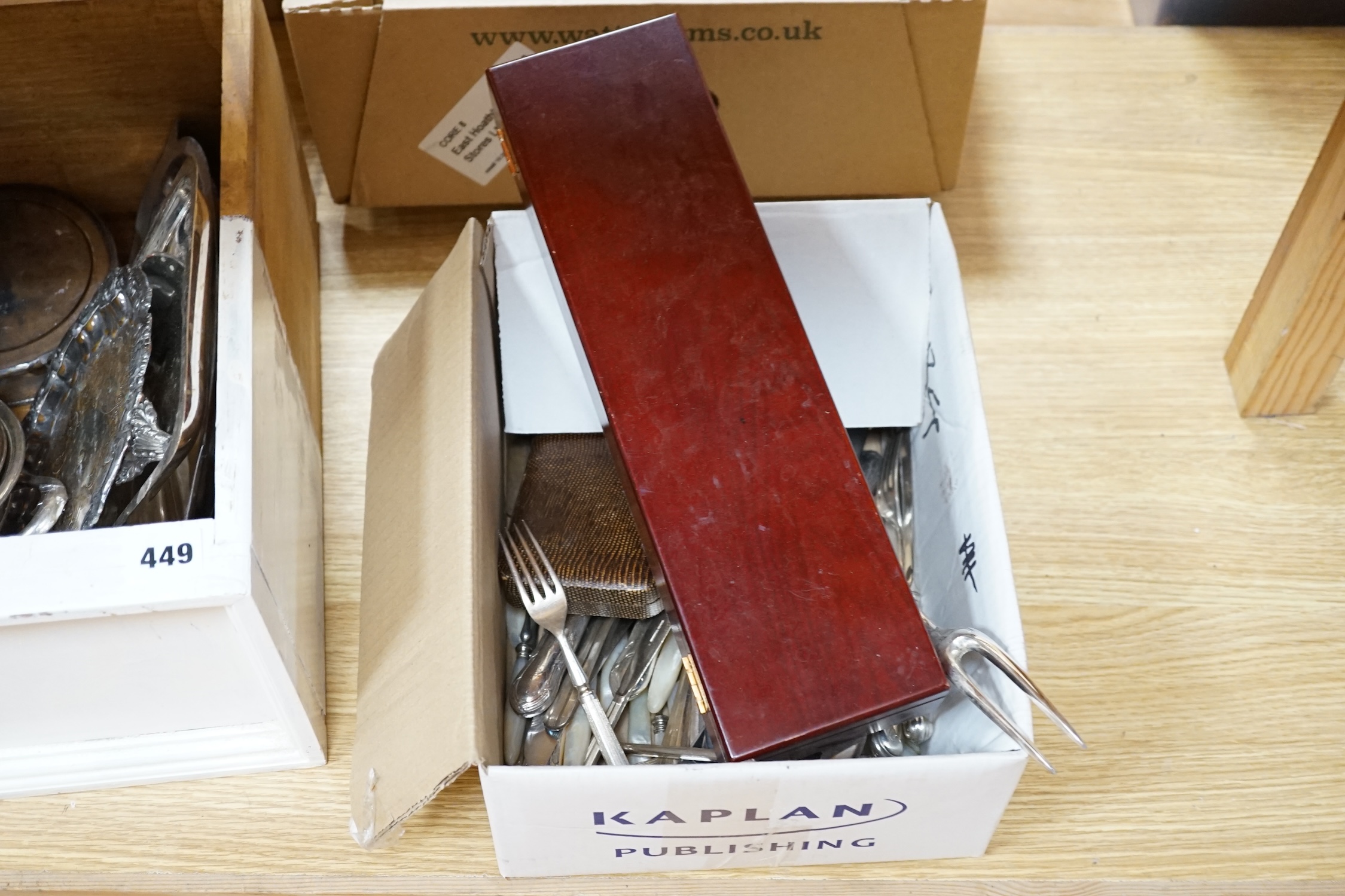 A quantity of silver plate to include cutlery, dishes, a wine coaster, etc. Condition - varies, poor to fair